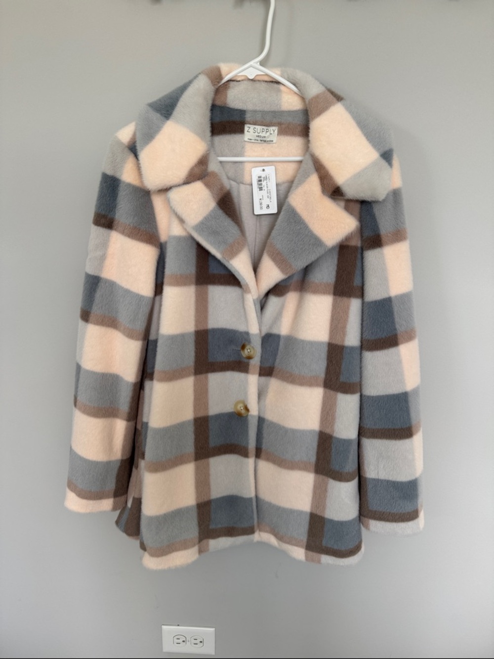 Z Supply Plaid Pea Coat in Cream, Gray & Brown NWT